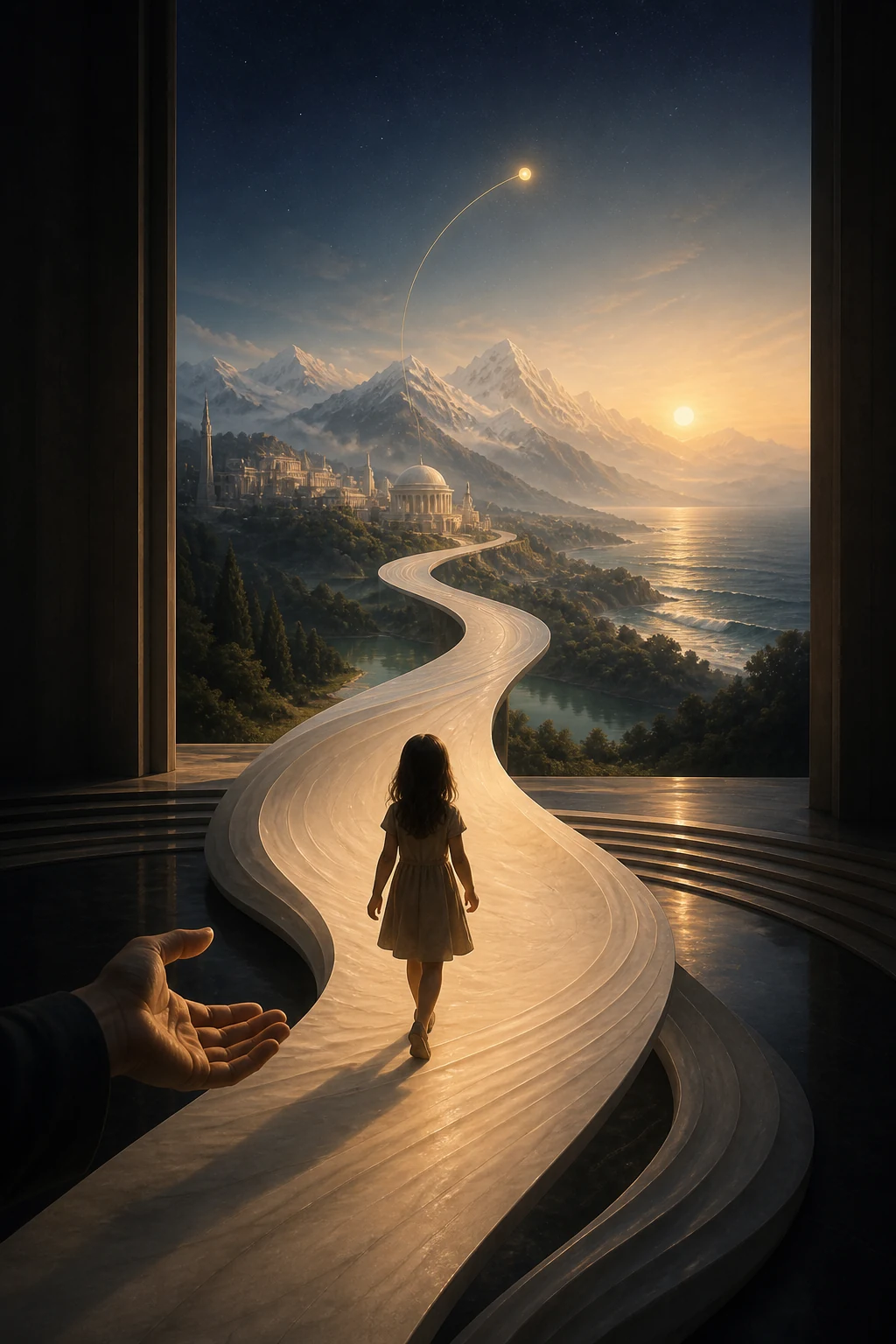 A child walks a luminous path toward mountains and a shared point of light