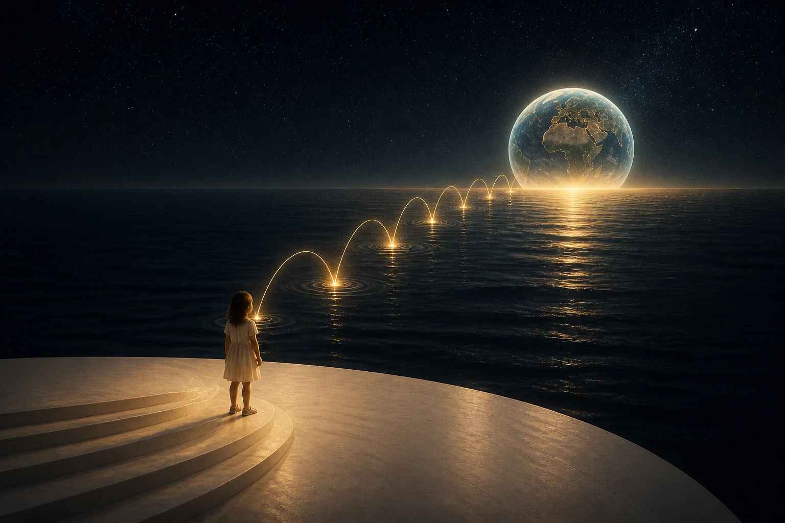 A child follows a sequence of illuminated steps across water toward a globe