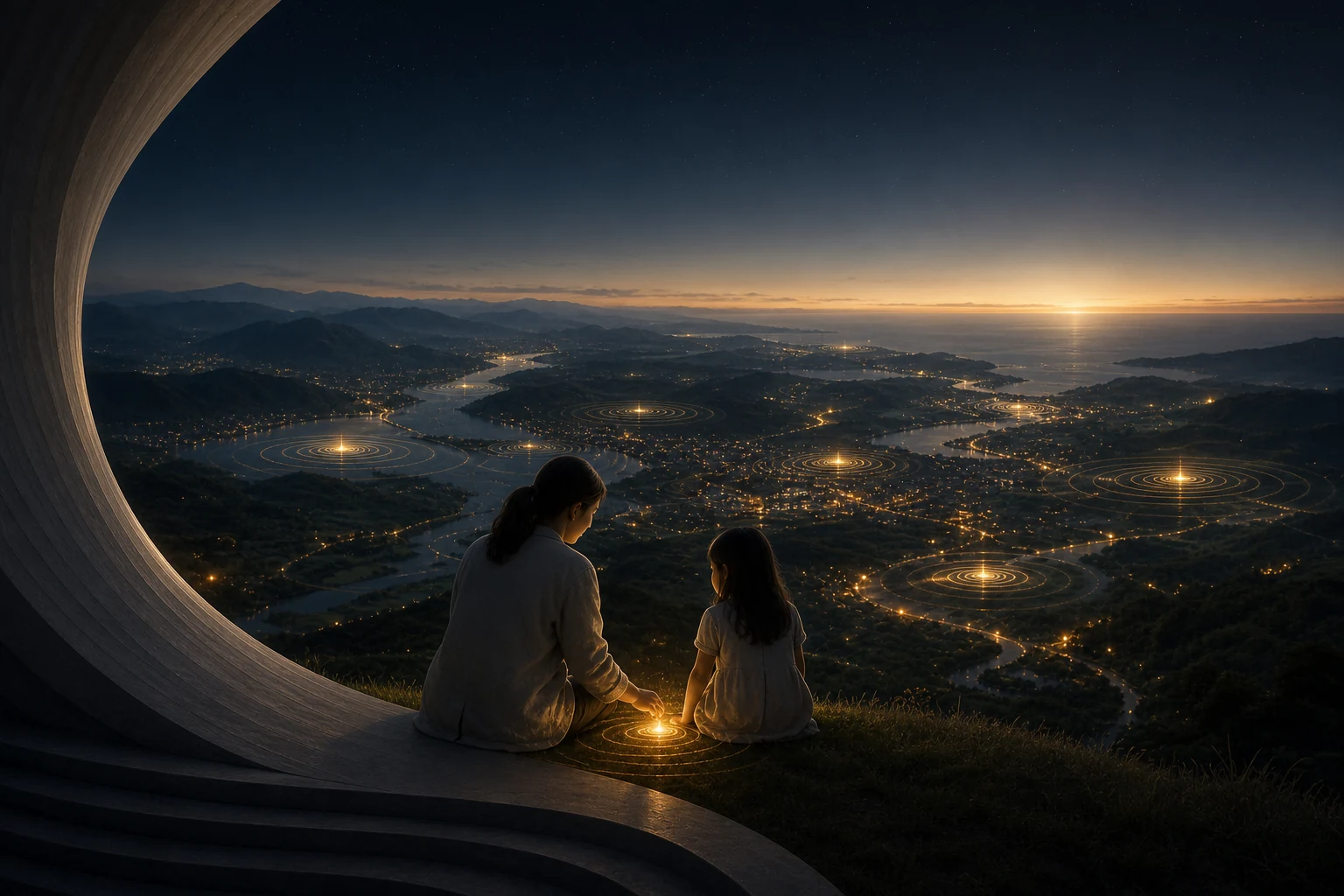 An adult and child look across a landscape marked by distinct points of light