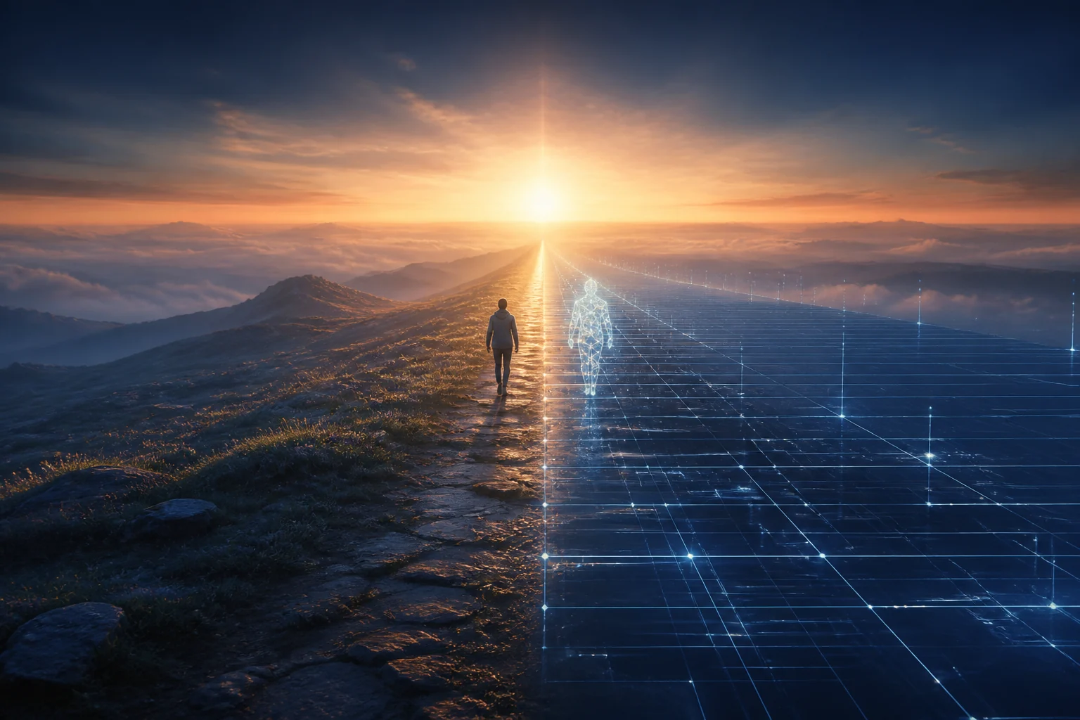 A human and a digital figure travel together toward the horizon