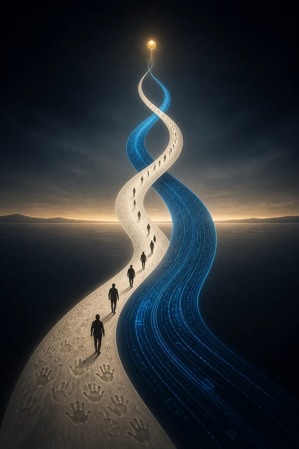 Human footprints and a blue digital path rise together toward one point of light