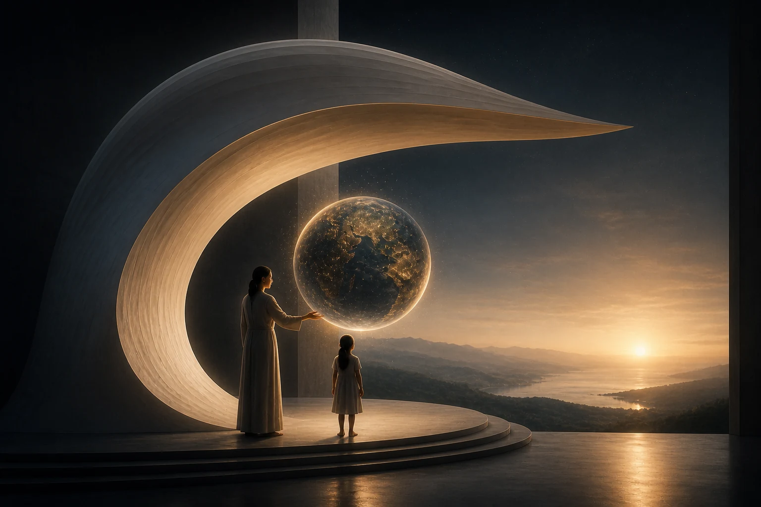 An adult and child stand beneath an architectural arc beside a luminous globe