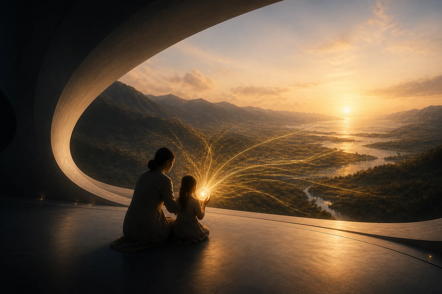 An adult and child hold a point of light whose paths extend across a landscape